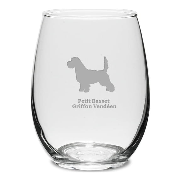 Petit Basset Griffon Vendeen Deep Etched 15 oz Stemless White Wine Glass