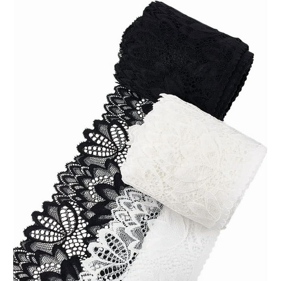 10 Yards 4 Inch Wide Stretchy Lace Trim Flower Embroidery Ribbon Wide Lace for Bridal Wedding Costume Making Sewing Projects Home Party Decorations White & Black