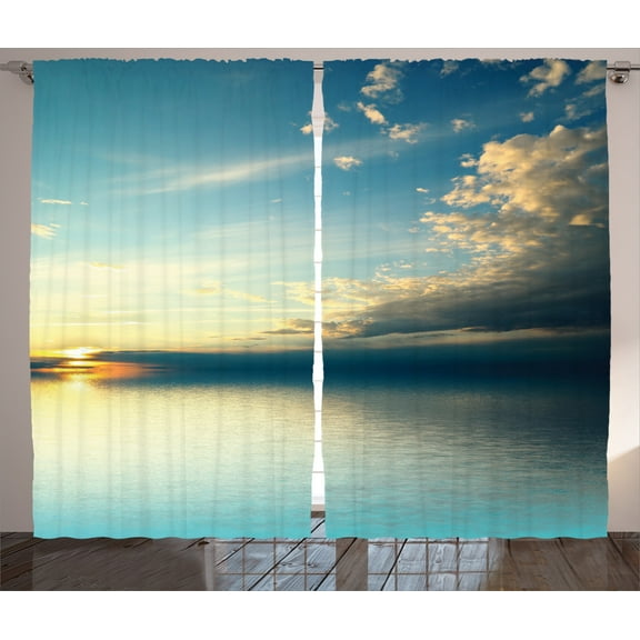 Ambesonne Coastal Curtains 2 Panel Set, Sea Sunset Horizon, 108" x 84", Teal Aqua Blue