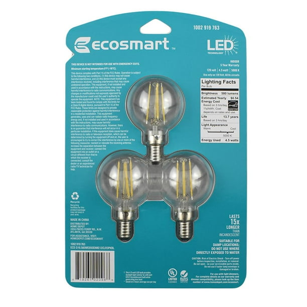 Ecosmart 60 Watt Equivalent G16 5 Dimmable Energy Star Clear Filament