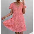thumbnail image 2 of Vestido con cuello en V y estampado floral Vestido con dobladillo con volantes y botones delanteros de manga corta con vuelo para mujer Naranja Rojo M, 2 of 6