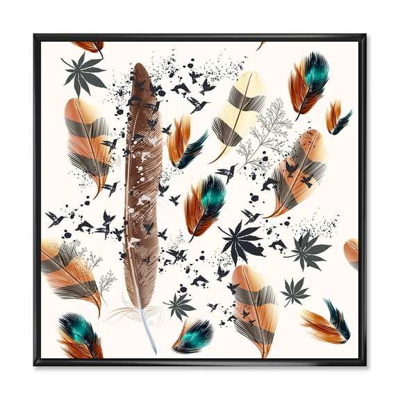 Designart 'Multicolored Feather Pattern With Floral' Bohemian & Eclectic Framed Canvas Wall Art Print