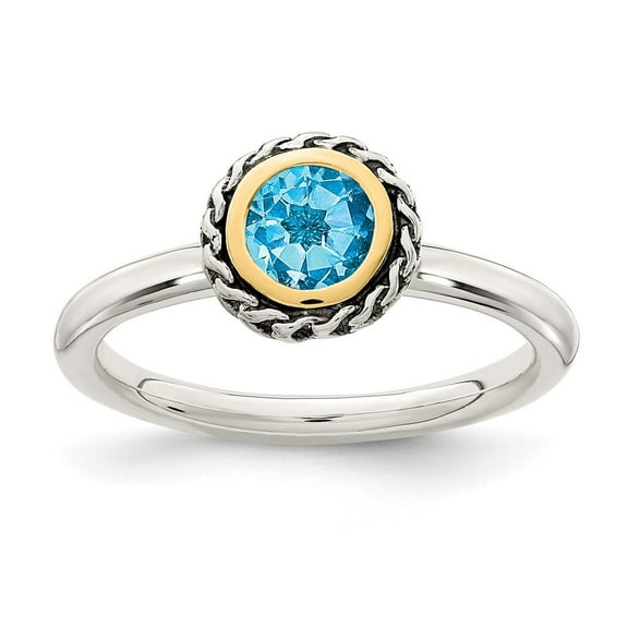 Auriga Fine Jewelry 925 Sterling Silver with 14K Accent Antiqued Round Blue Topaz Ring for Women Size 6