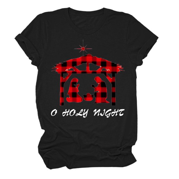 Gibobby Blusas Manga Larga Para Mujer Camiseta de manga corta con cuello redondo y estampado de para mujer O Holy Night(Negro, S)