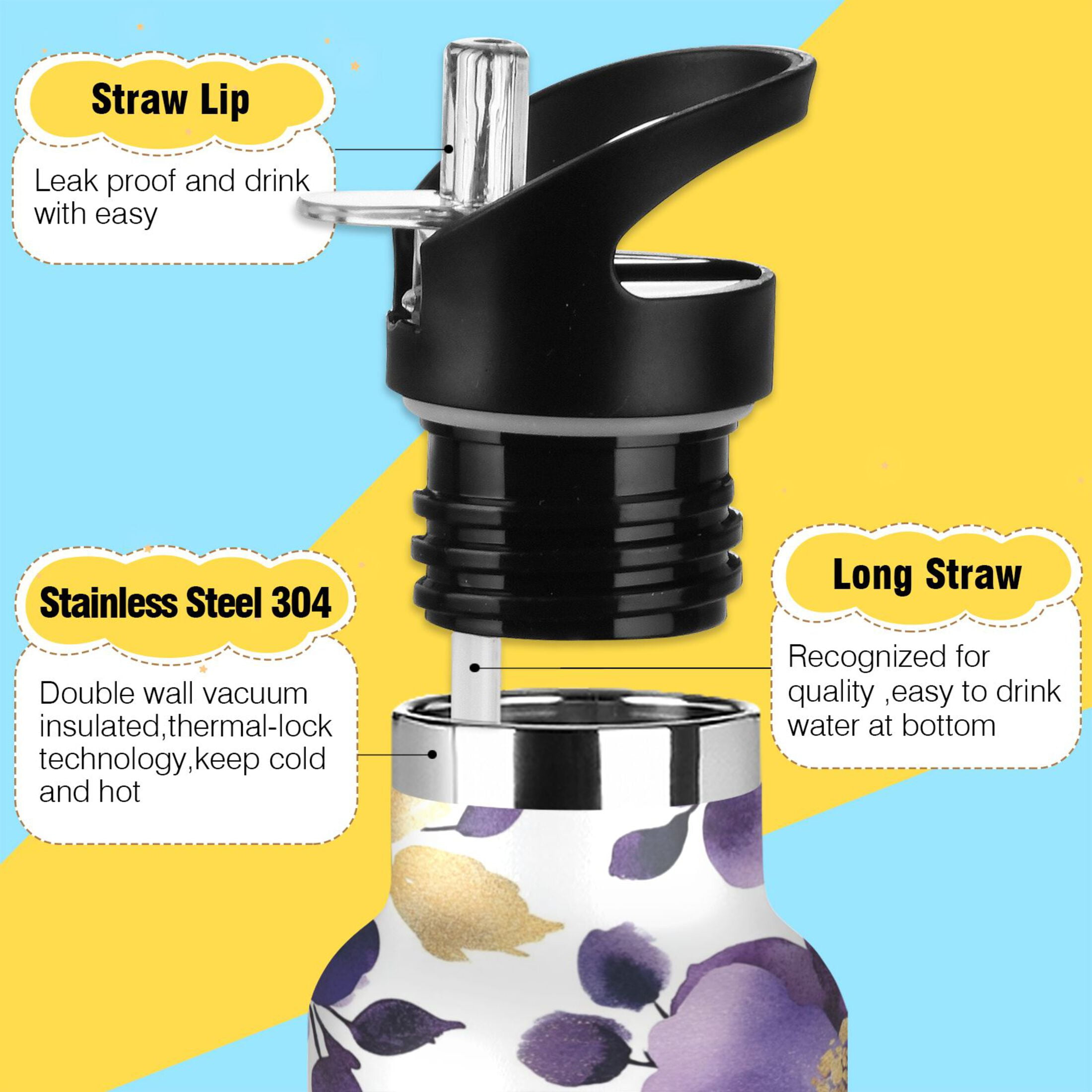 600ML Stainless Steel Insulated Cup Sports Water Bottle Portable Thermos Cup Water Glasses Insulated Tumblers Convenient and Durable Charming Purple Flowers