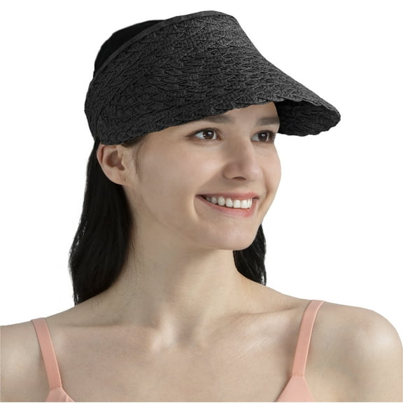 SUN CUBE Women Sun Visor Hat, Straw Beach Hat Wide Brim Visor UV Protection, Foldable Packable Cap, Roll Up Ponytail Large Sunhat, Summer Travel Golf Visor Pool Garden Fishing, UPF 50 , Black