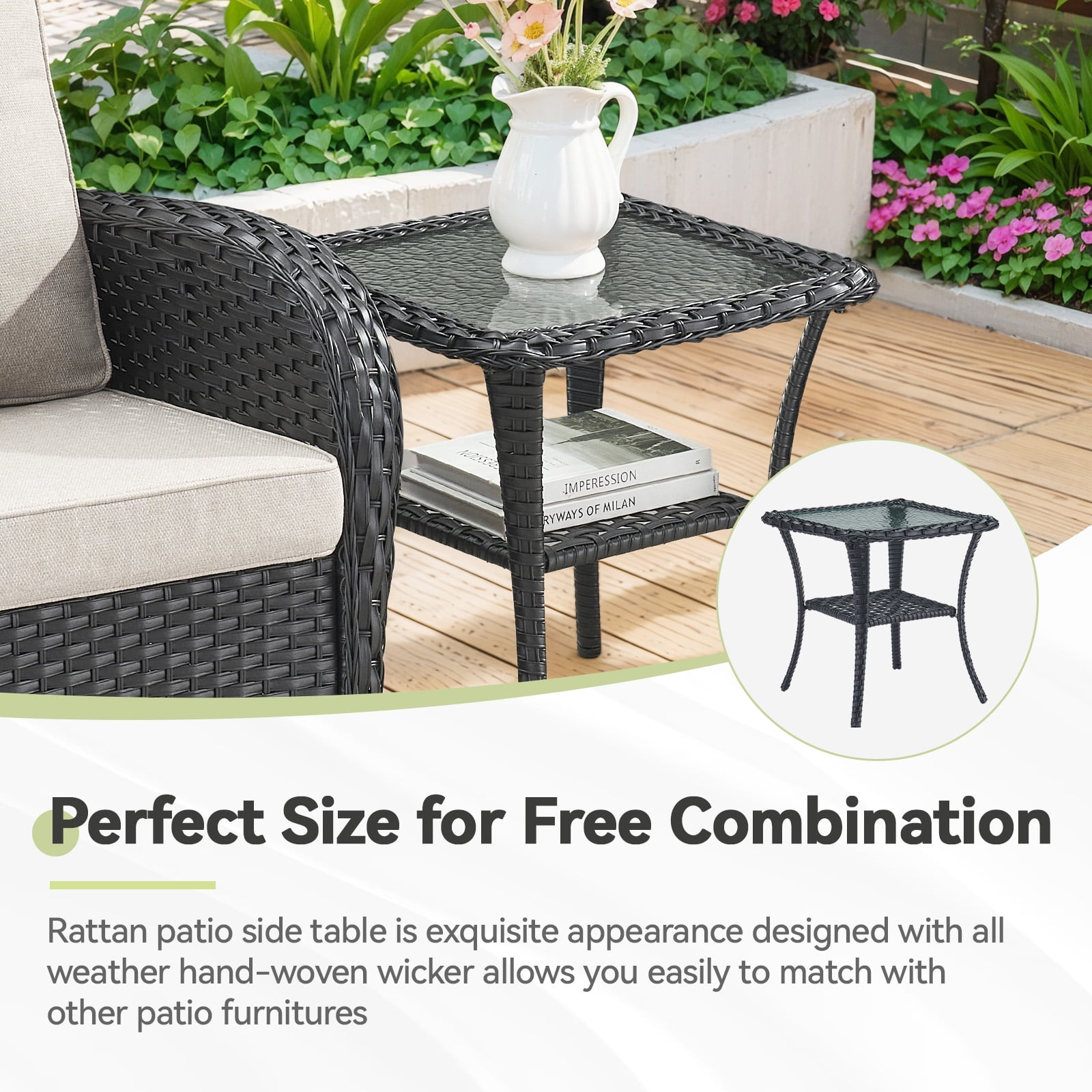 Planntonneo 3 Piece Wicker Patio Furniture Sets, Outdoor Swivel Rocking Chairs Set of 2 with Rattan Side Table for Deck Porch Pool, Black/Beige