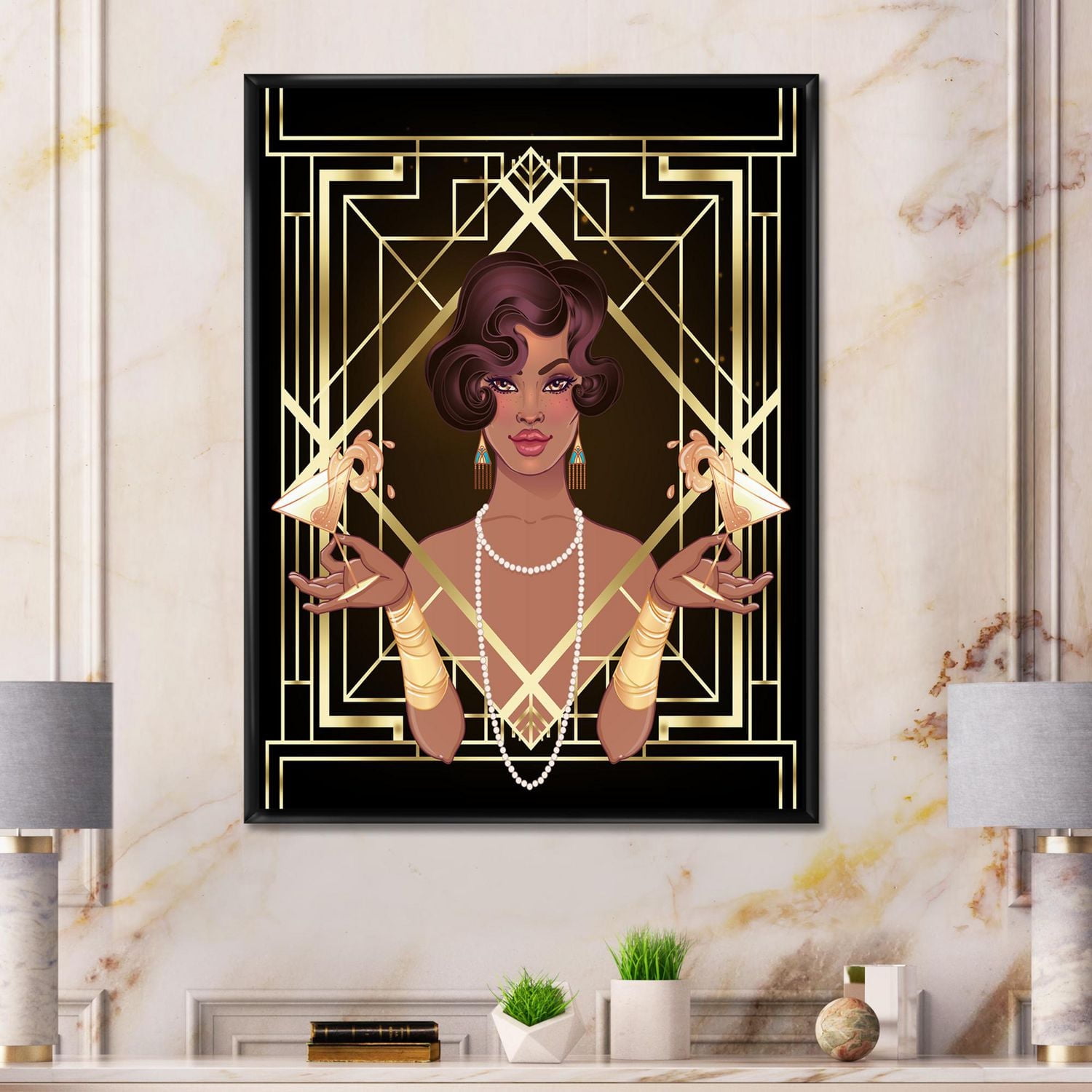Designart Retro Women In Golden Art Deco Geometrics I FLOAT FRAME WALL ART