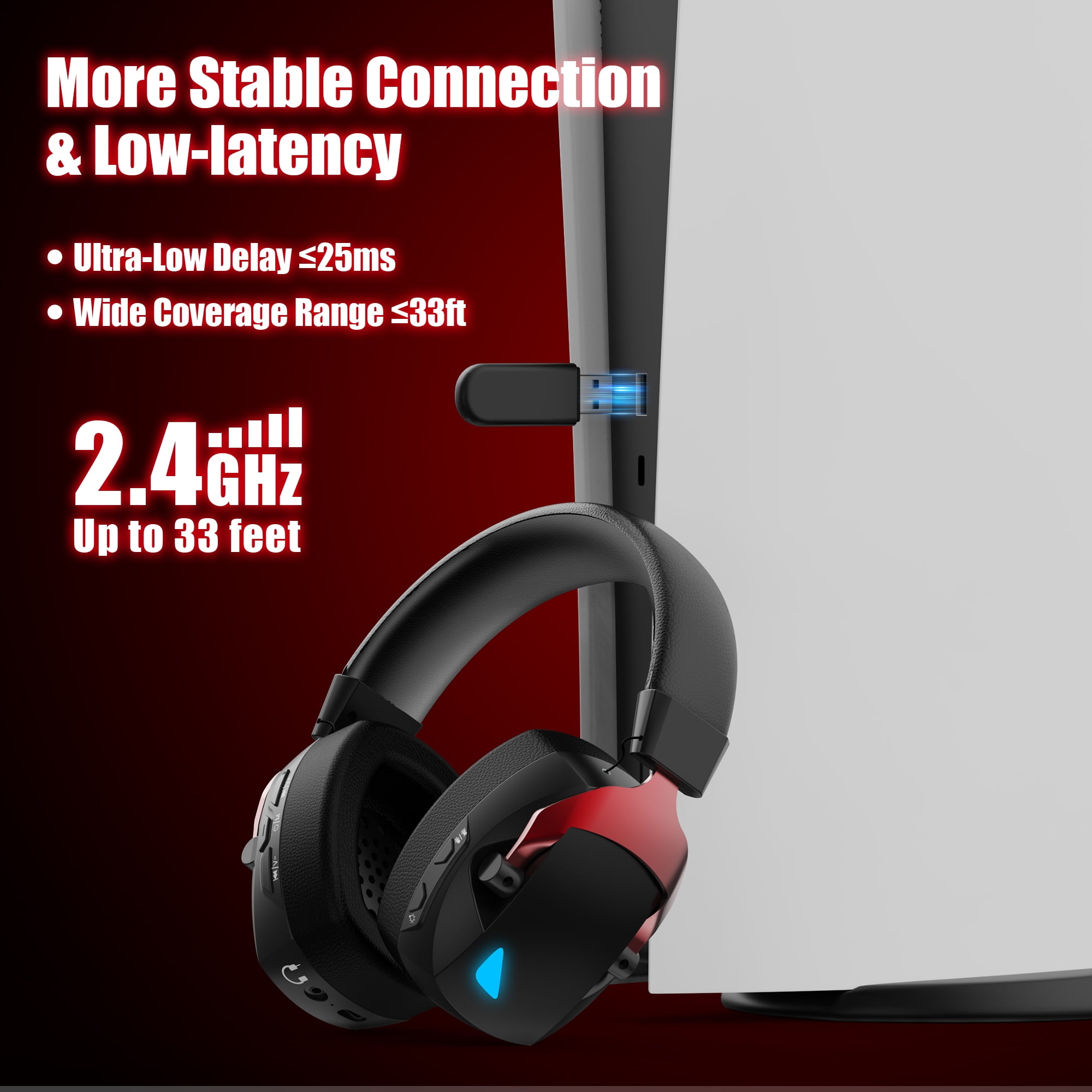 Mollan Bluetooth Wireless Gaming Headphones, Over-Ear with Noise-Canceling Mic, 40H Playtime, RGB, Red