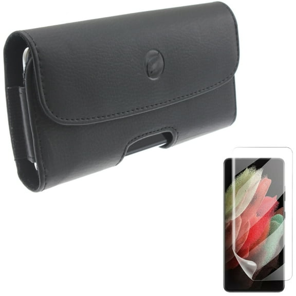Matte Screen Protector w Case Belt Clip for Samsung Galaxy S21 Ultra - TPU Film Anti-Glare Anti-Fingerprint, Leather Holster Cover