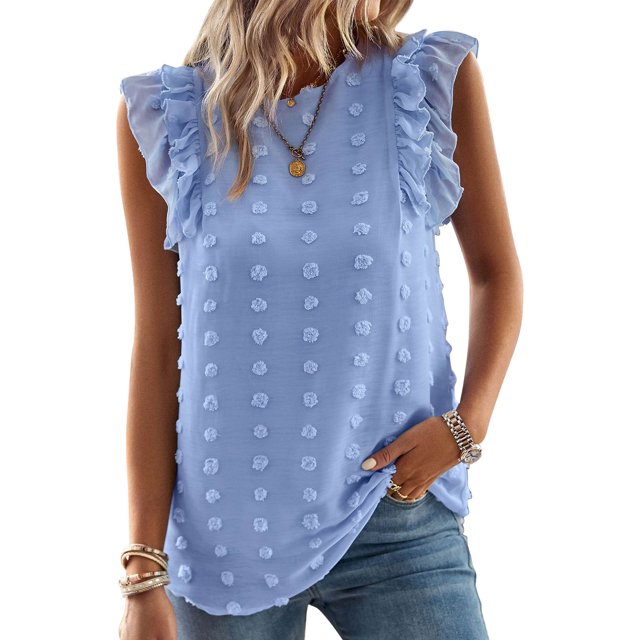 Camisa sin mangas con volantes de Color puro para mujer, camiseta sin mangas informal holgada elegante con cuello redondo para citas en el trabajo de oficina