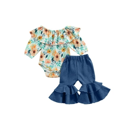 

Qtinghua Newborn Baby Girls Clothes Floral Ruffle Collar Long Sleeve Romper+Layered Denim Flare Pants Fall Winter Outfits Dark Blue 9-12 Months