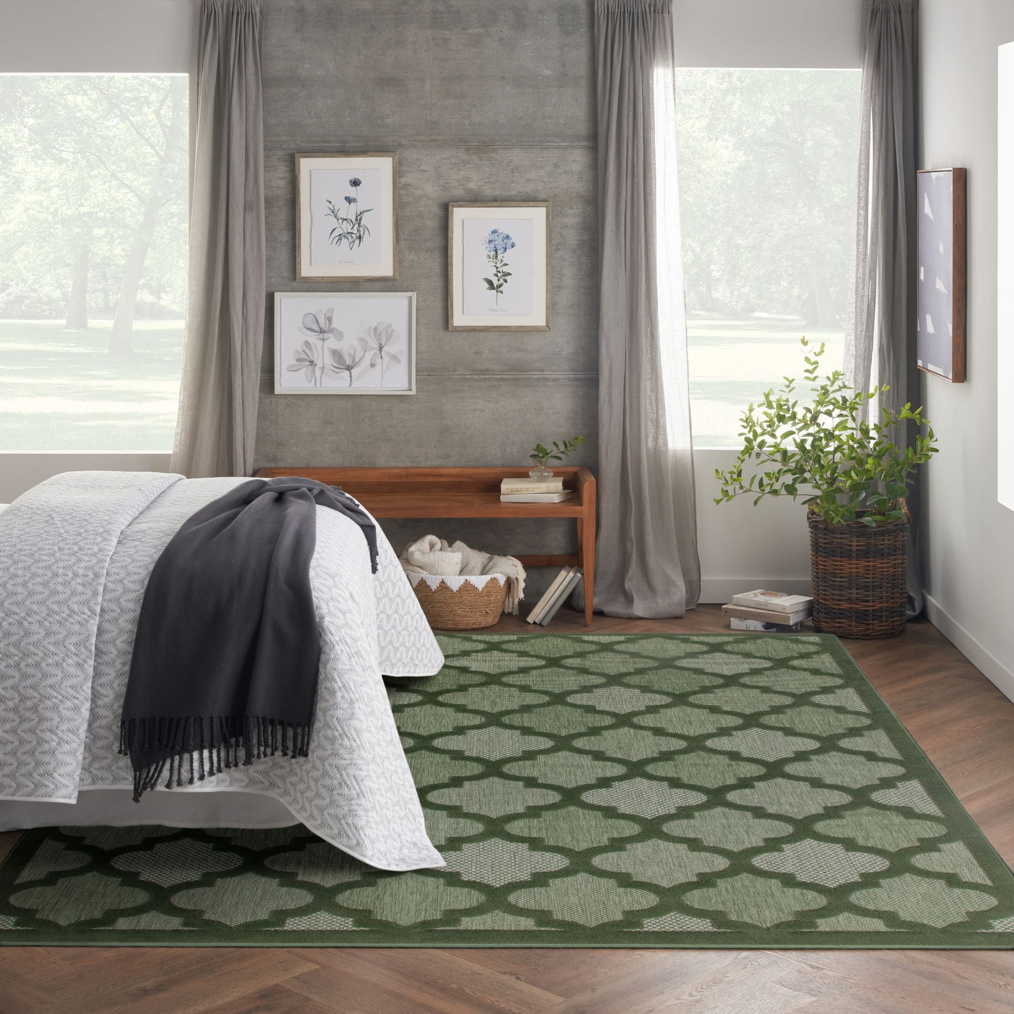 Nourison Easy Care Trellis Flatweave Indoor Outdoor Area Rug 9' x 12' Green