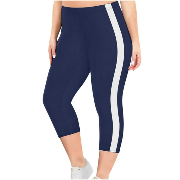 Plus Size Yoga Legging for Women Striped High Waist Stretch Comfy Casual Tights Oversized Basic Capri Pants for Workout Jogging