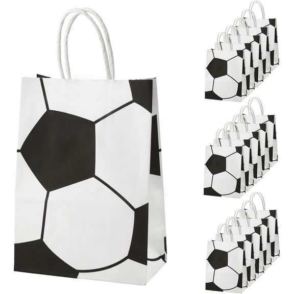 WYJ 16pcs Soccer Party Favor Paper Bags, Football Themed Party Gift Bags with Handles Soccer Goodie Bags Treat Candy Bags for Kids Adults Soccer Party Supplies (Style 2)-0614