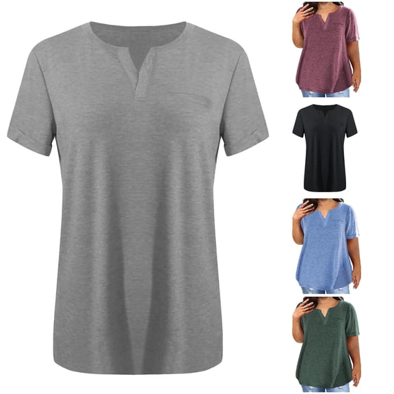 Rhuody Women'S Tops Ladies V Neck Solid Color Short Sleeve Loose Fit T Shirt Classic Women'S Clothing Grey