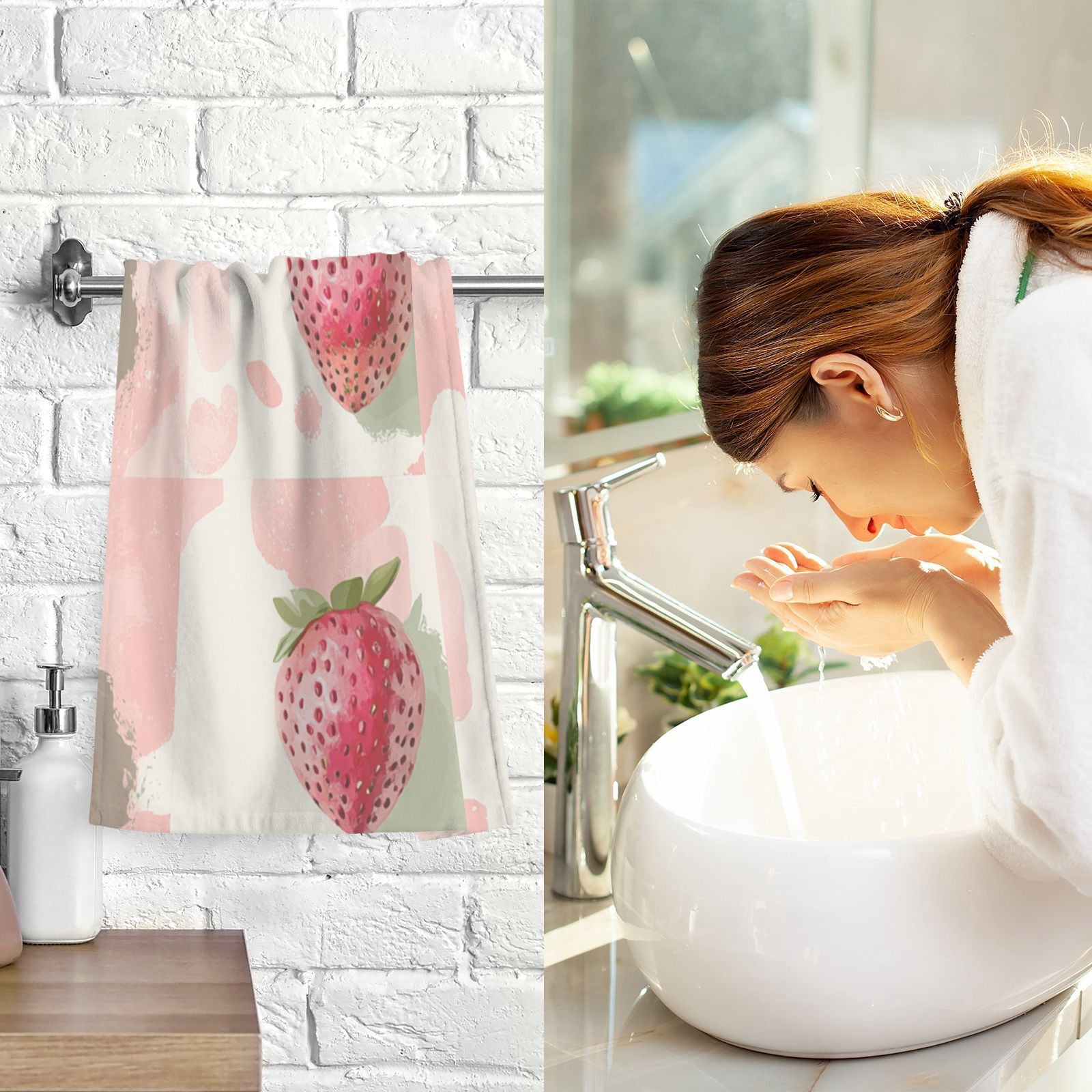 Pink Straberrys in Grids Hand Towels Cotton Bath Towels Large Face Towels Absorbent for Bathroom 2 Packs