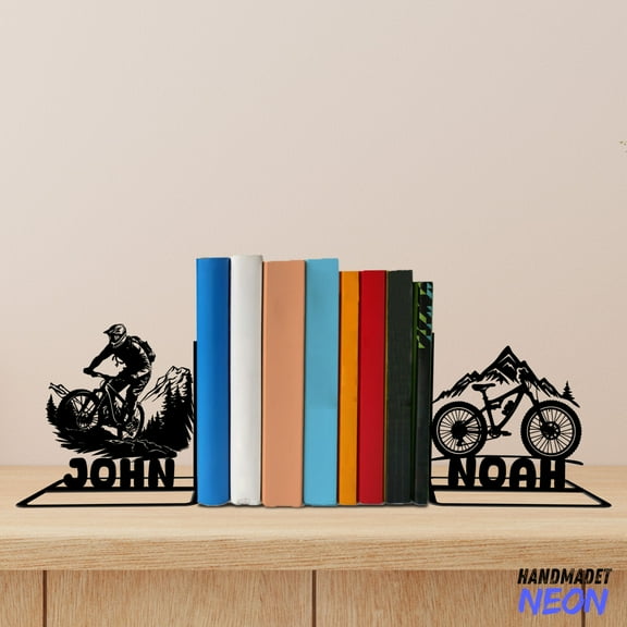 Handmadetneonsign Cycling Metal Bookends, Cyclist Name Bookend, Mountain Biking Table Bookshelf Decor, Bicyclist Gift 76599