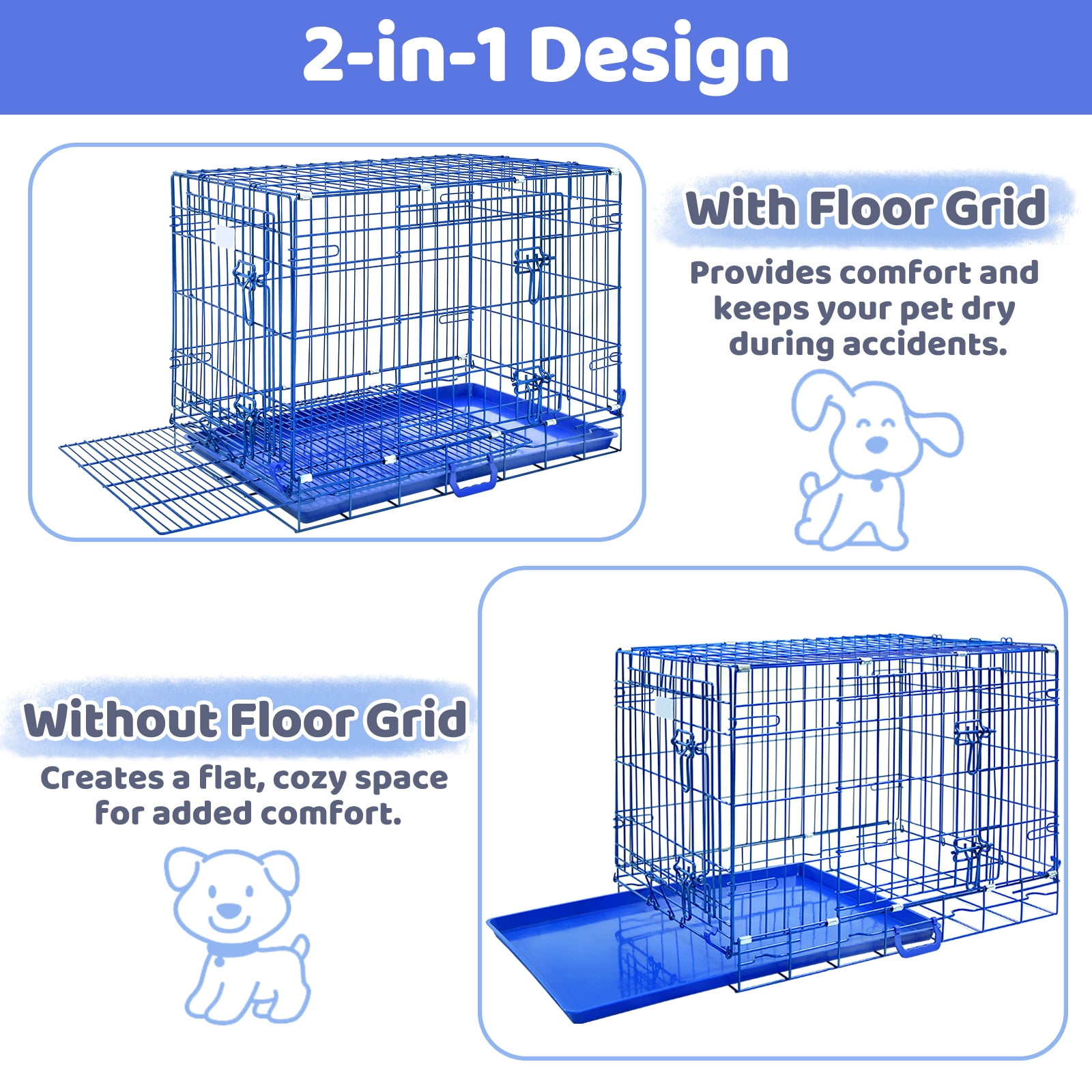 Homey Pet 30 Inch Medium Dog Crate, Royal Blue Dog Cage Small, Foldable Inside Dog Kennel Nano-Coated Metal Wire Dog Crates with Removable Floor Grid Tray, Double Doors Dual Locks, Portable Handle