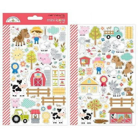 UPC: 0842715059146 | Doodlebug Mini Cardstock Stickers-Down On The Farm Icons