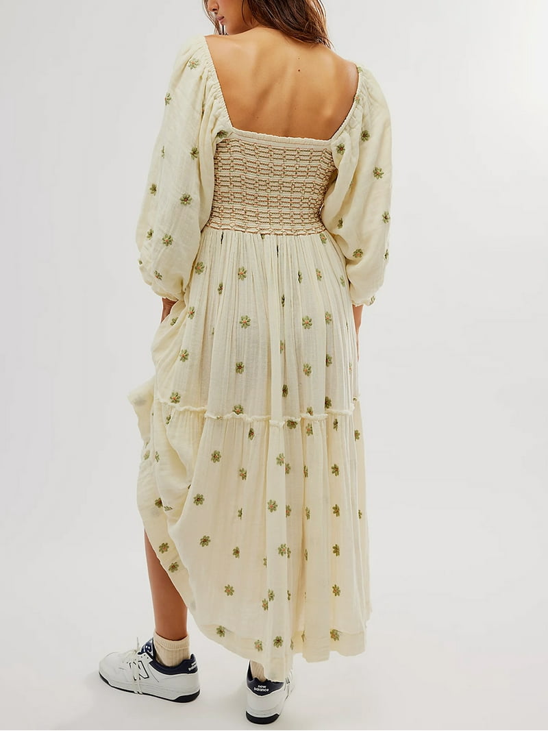 sachin and babi light blue dress Women Floral Embroidered Maxi Dress Long Puff Sleeve Square Neck Boho Flowy  Dress with Pockets Smocked Swing Long Dresses