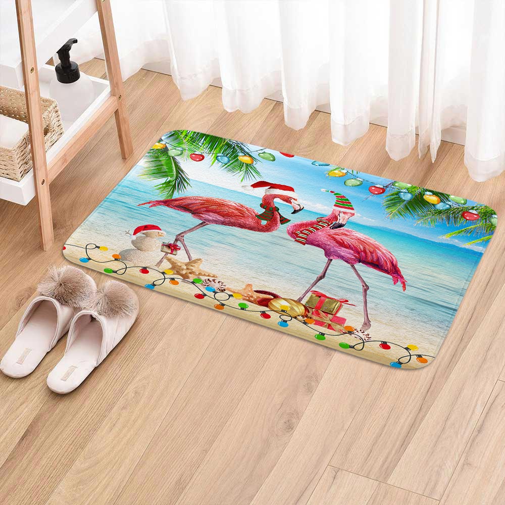 Christmas Bath Mat, Bright Tropical Christmas Beach Red Flamingo Funny Xmas Holiday Bath Rug for Bathroom, Vintage Merry Christmas Bath Mat Soft Non Slip Bath Rugs, 16X24IN