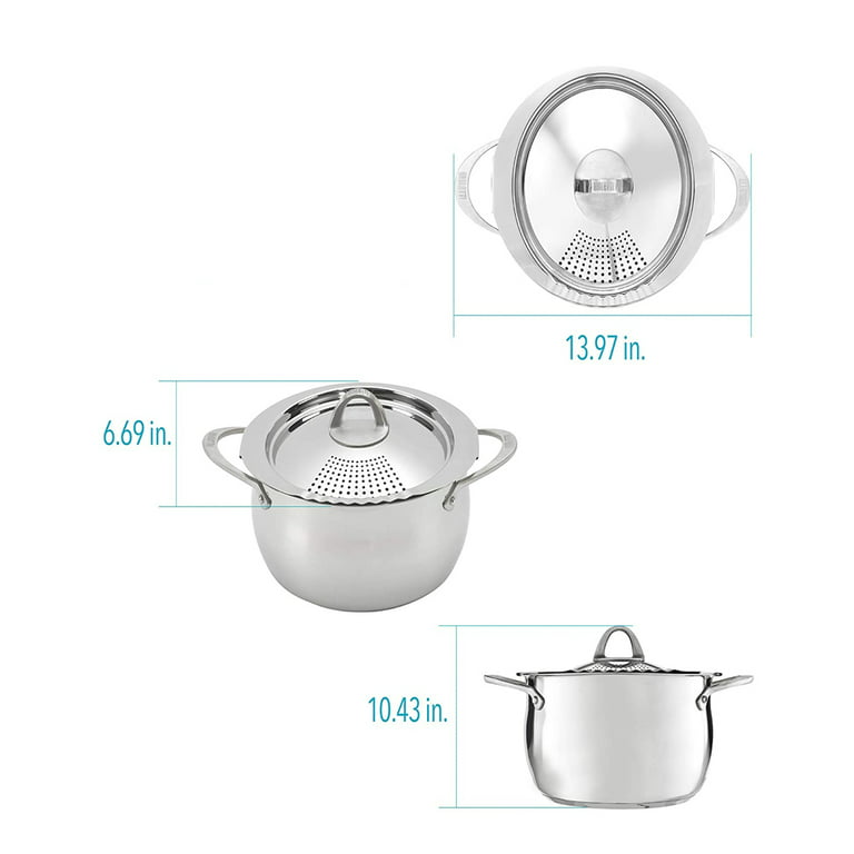 Bialetti Stainless Steel 6 Quart Kitchen Pasta Pot w/ Strainer Lid, Silver  