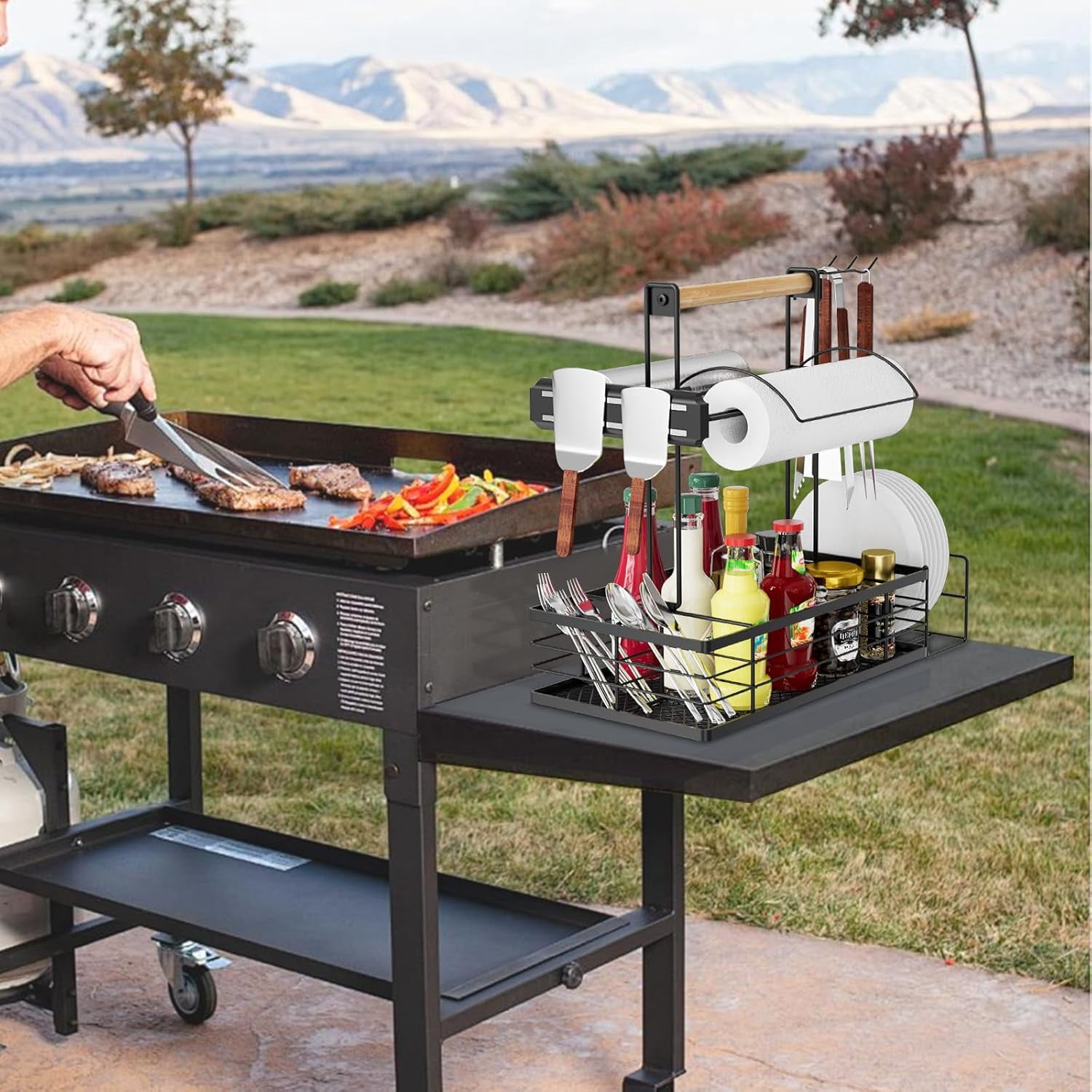 NEYCIL Grill Caddy with Magnetic Tool & Paper Towel Holders, Barbecue Grill Tool Organizer for Outdoor Camping, Cooking, Camper