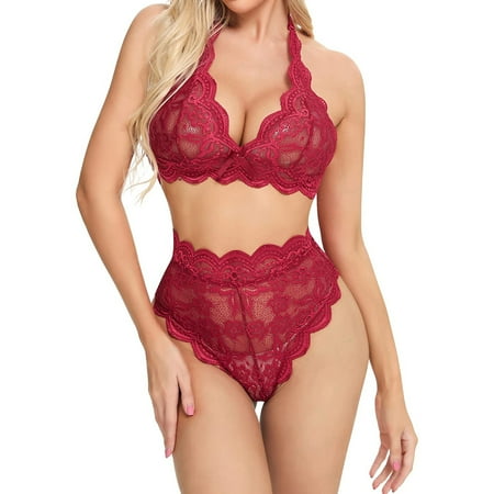 

Seyurigaoka Sexy Lingerie Set V-neck Halter Bralette+Scalloped Lace Trim Panty