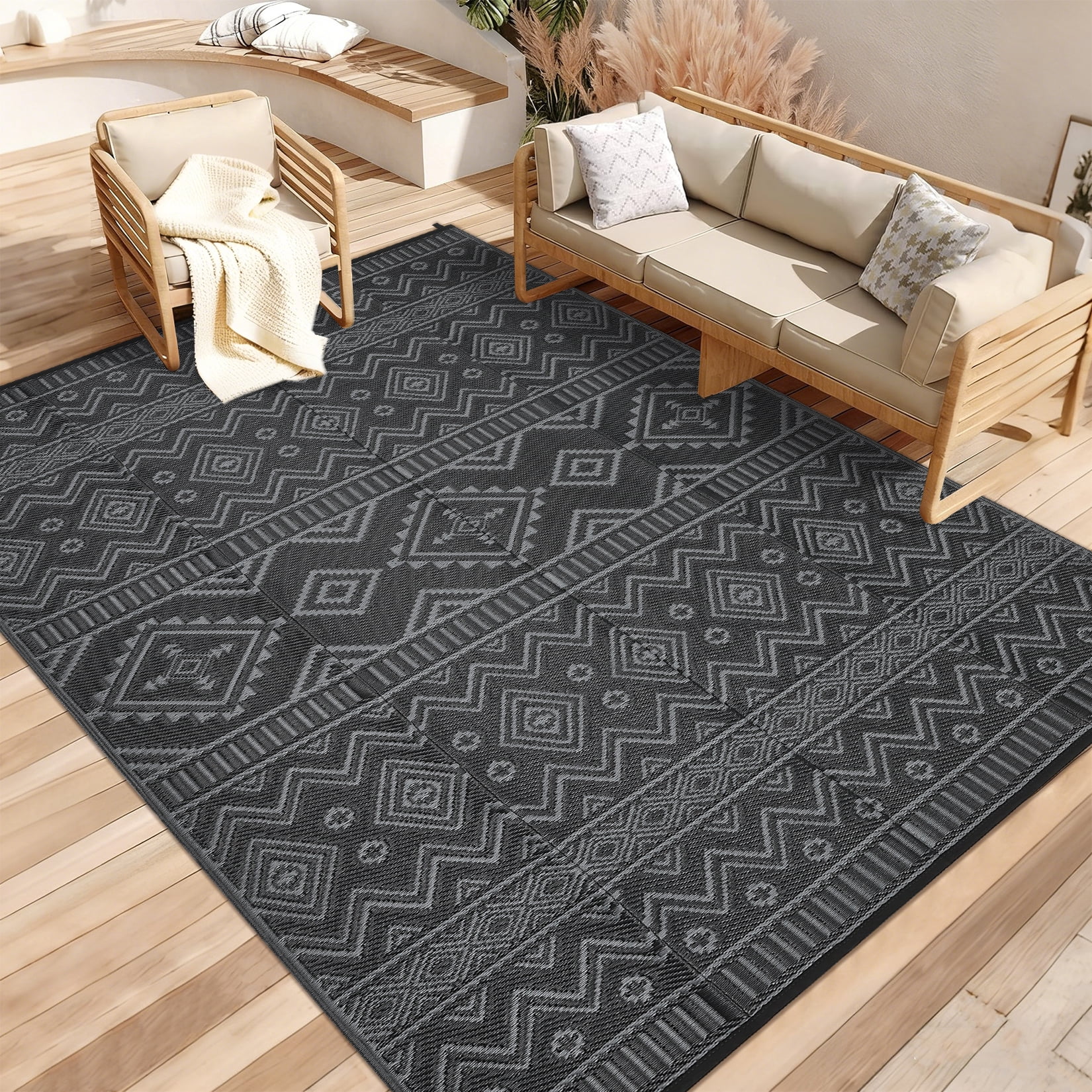 Garvee Outdoor Area Rug 8'x10' Waterproof Outdoor Carpet, Boho Plastic Straw Rug RV Mat for Picnic, Deck, Balcony, Beach, Patio, Black and Gray
