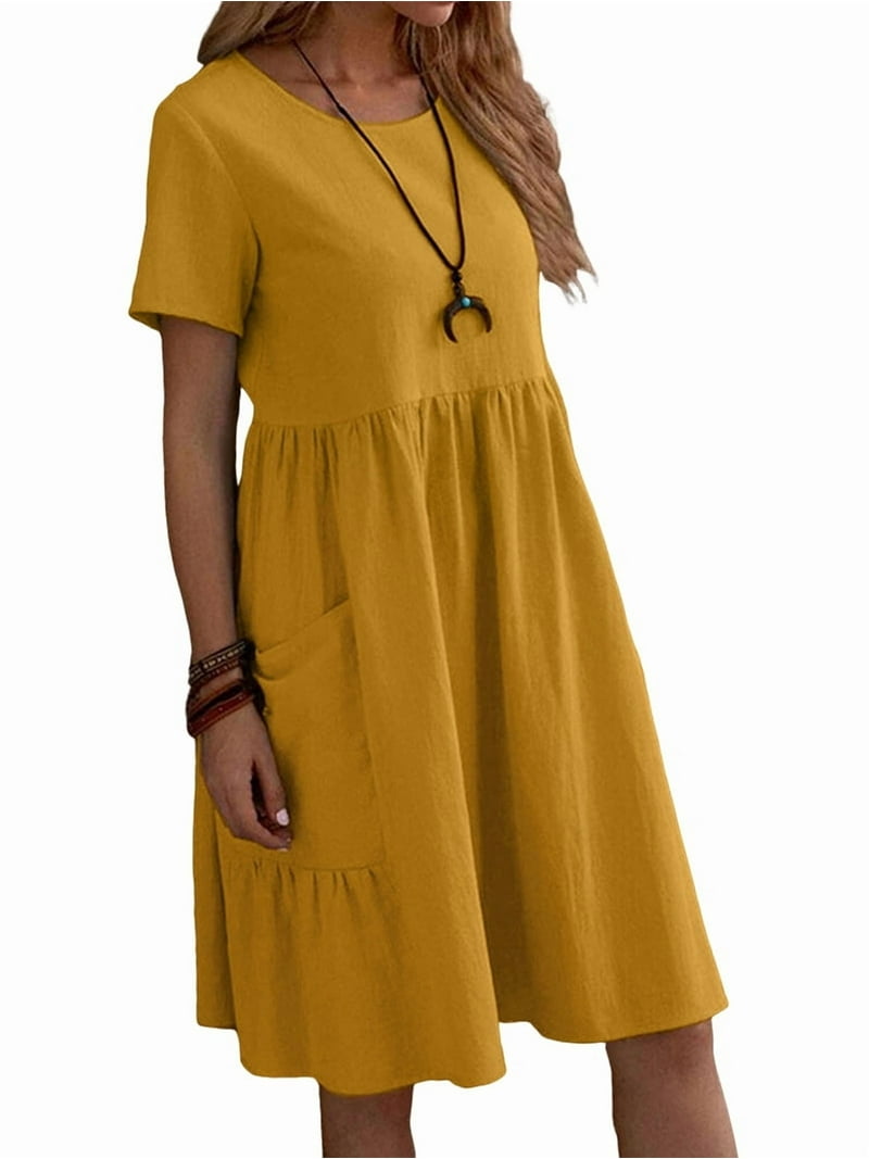 Casual Loose A-Line Midi Dress for Women  Solid Color Summer Dress with Pockets, Elegant Vintage Style Yellow / XXL