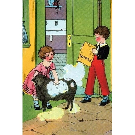 Bo Peep and the Little Boy who Lived Down the lane use a bag of flour to change the color of a black sheep to white. Poster Print by Queen