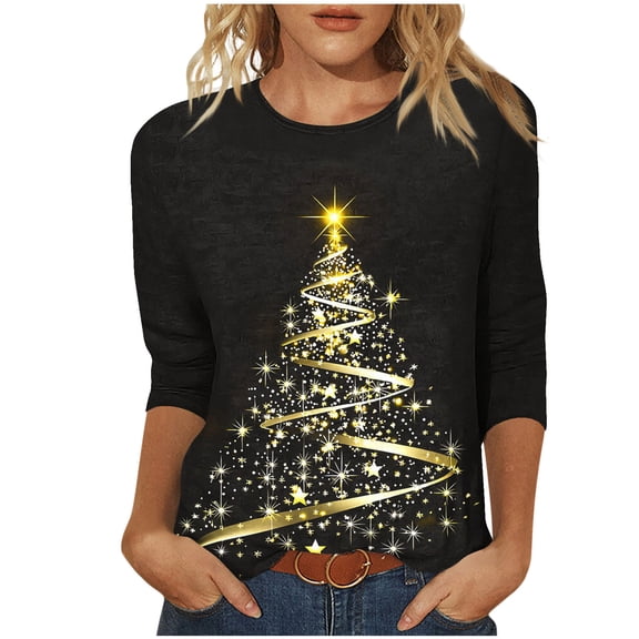Plus Size Christmas Tops for Women Xmas Tree Stars Printed 3/4 Sleeve T Shirts Crew Neck Holiday Base Tees (XL, Black)