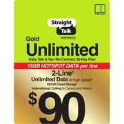 Straight Talk $90 Gold Unlimited Talk, Text & Data 2-Line 30-Day Prepaid Plan + 15GB Hotspot Data + Cloud Storage &Int'l Calling e-PIN Top Up (Email Delivery)