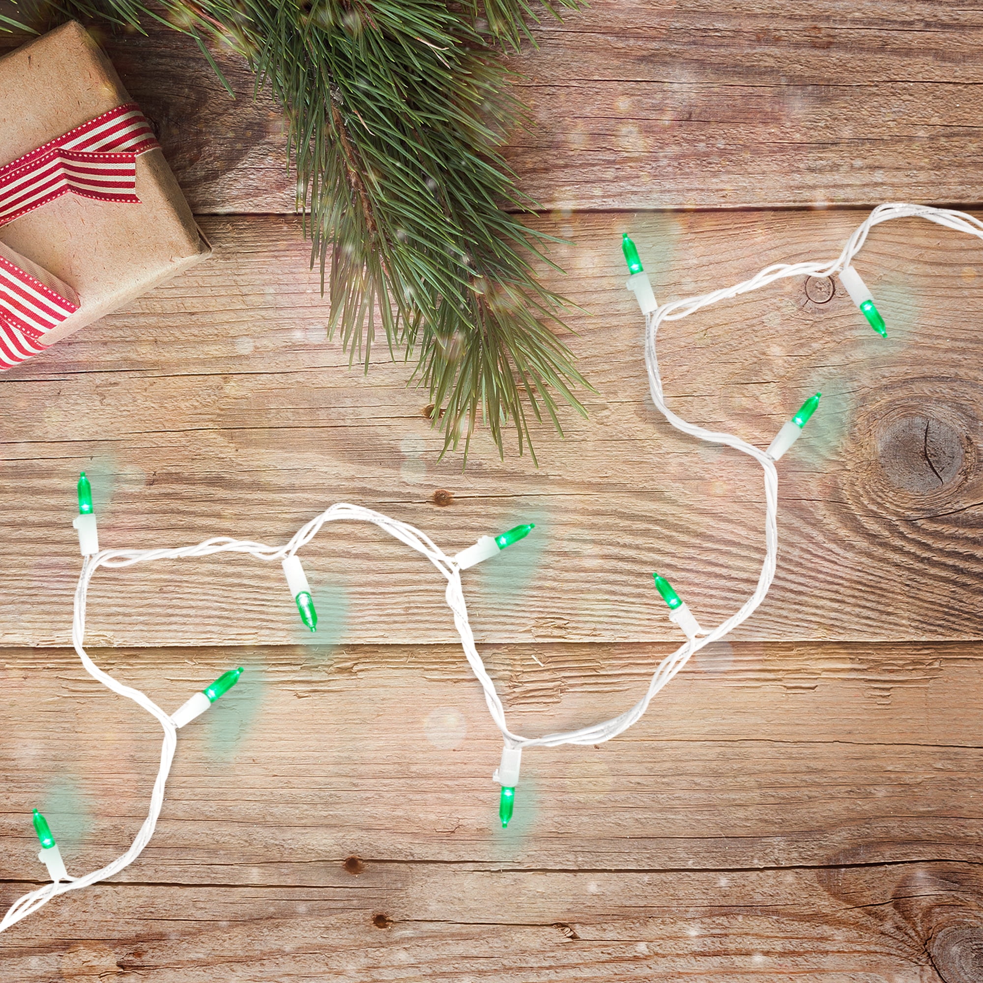 Set of 50 Green LED Mini Christmas Lights 4" Spacing - White Wire