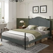 Papajet Upholstered Queen Size Bed Frame with 51.2 LED Headboard & Wood Slats, Dark Grey