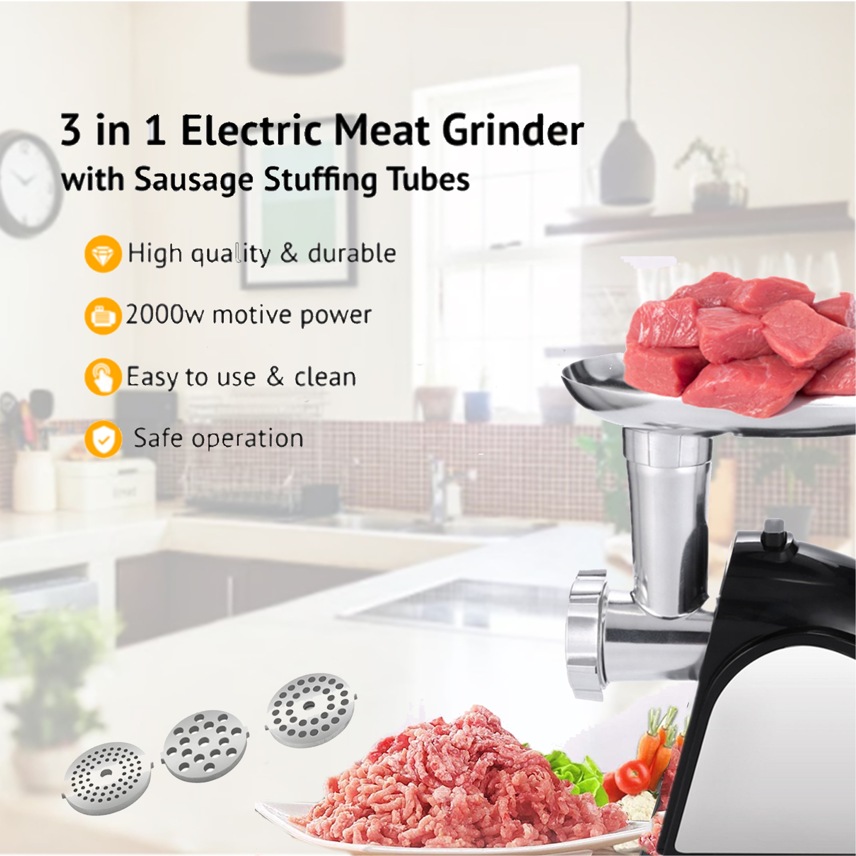 Twinzee Electric Meat Grinder and Sausage Stuffer for Ground Meat (Black) -  Food Processor, Meat Grinder with 3 Metal Blades and 3 Sausage Attachments  - Meat Grinder For Home Use 