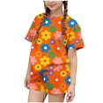 thumbnail image 2 of RKSTN Girls Ensembles pour Filles, T-Shirts à Col Rond à Manches Courtes à Imprimé Floral Coloré avec Shorts, Grande Enfant, Ensemble Pièce Two (Orange, 5-6 Ans), 2 of 6