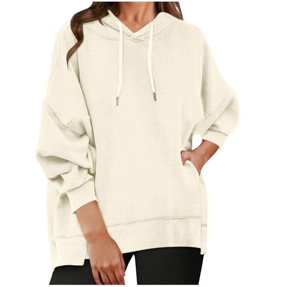 Hoodies Tops for Women Casual Loose Long Sleeve Waffle Knit Drawstring Pullover Solid Color Sweatshirts with Pockets,Beige 1,S