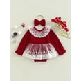 thumbnail image 6 of Elippeo Infant Baby Girls Velvet Romper 6M 12M 18M 24M Lace Patchwork Round Neck Long Sleeve Jumpsuits with Bowknot Headband, 6 of 9