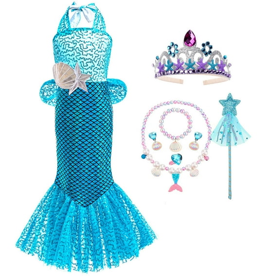Little Girls Princess Mermaid Costume Halloween Dress up with Accessories for 2-7 Year