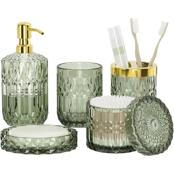 Green Bathroom Accessories Set - 5 PCS Glass Bathroom Decor with Soap Dispenser