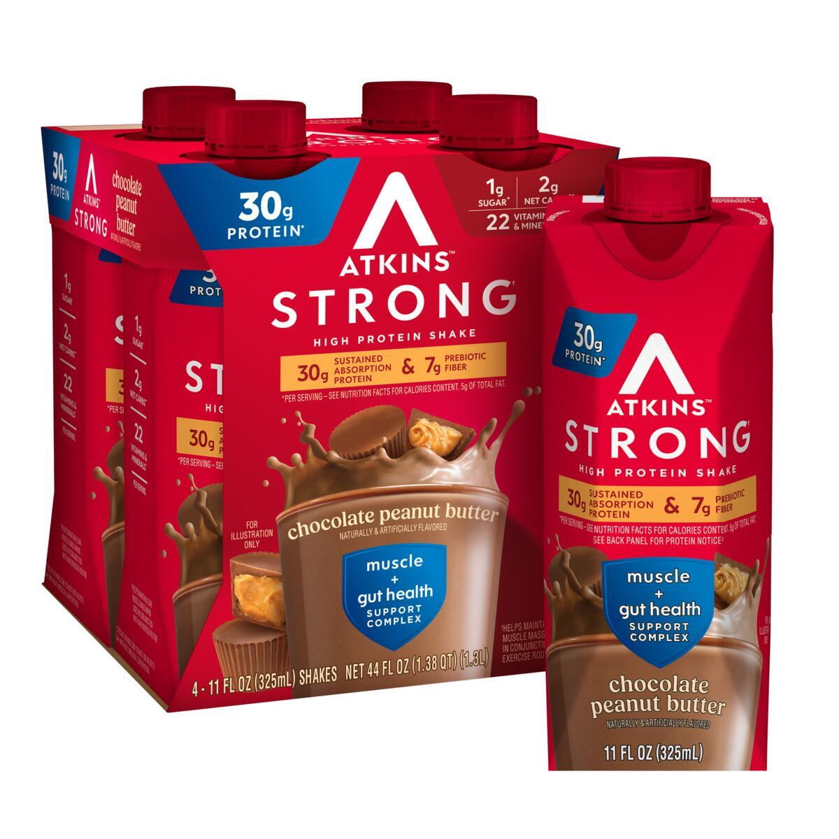 Atkins Strong High Protein Shake, Chocolate Peanut Butter, High Fiber, 30g of Protein, 4 Count