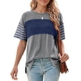 thumbnail image 2 of Womens Summer Oversized 2026 Crewneck Casual Color Block Striped Shirts Blouses Blue M, 2 of 9
