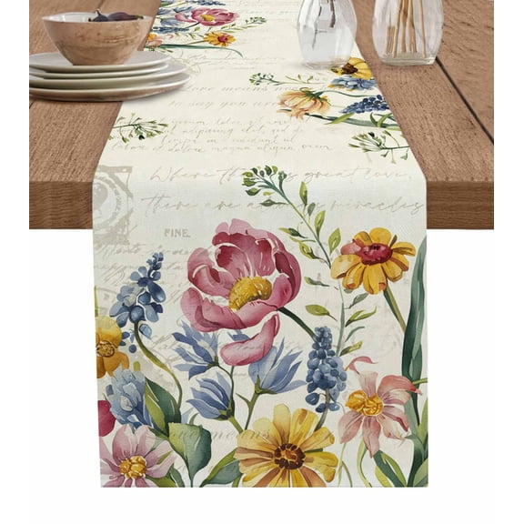 Colorful Flowers Table Runner Spring Botanical Wild Florals Herbs Tablerunners 13 x 90 Inch, Table Decorations Tabletop Scarf for Summer Gathering Holiday Farmhouse Kitchen Dining Decor