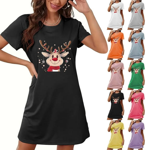 Oksale Funny Reindeer Christmas Night Gown Women Casual Round Neck Short Sleeve Party Pajama Dress Soft Loose Fit Sleepwear for Holiday 2026 Yellow M