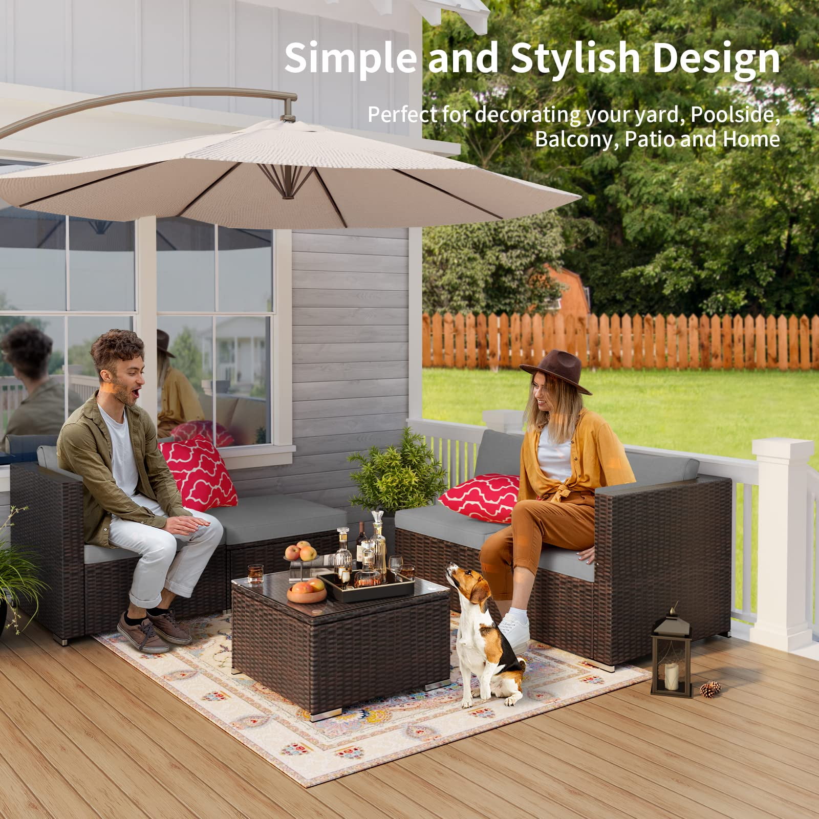 Patio Furniture Set Clearance, 5 Pieces Outdoor Conversation Set with Wicker Sofa Set and Tempered Glass Table for Garden & Backyard, Gray