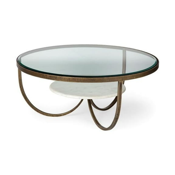 36 in. Round Glass Top Coffee Table with Marble Shelf & Gold Base