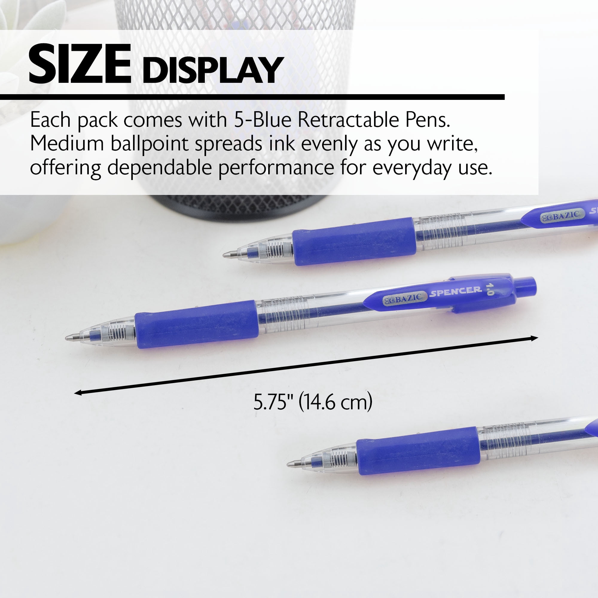 BAZIC Ballpoint Spencer Blue Retractable Pen Soft Grip 1.0 mm, (5/Pack), 24-Pack