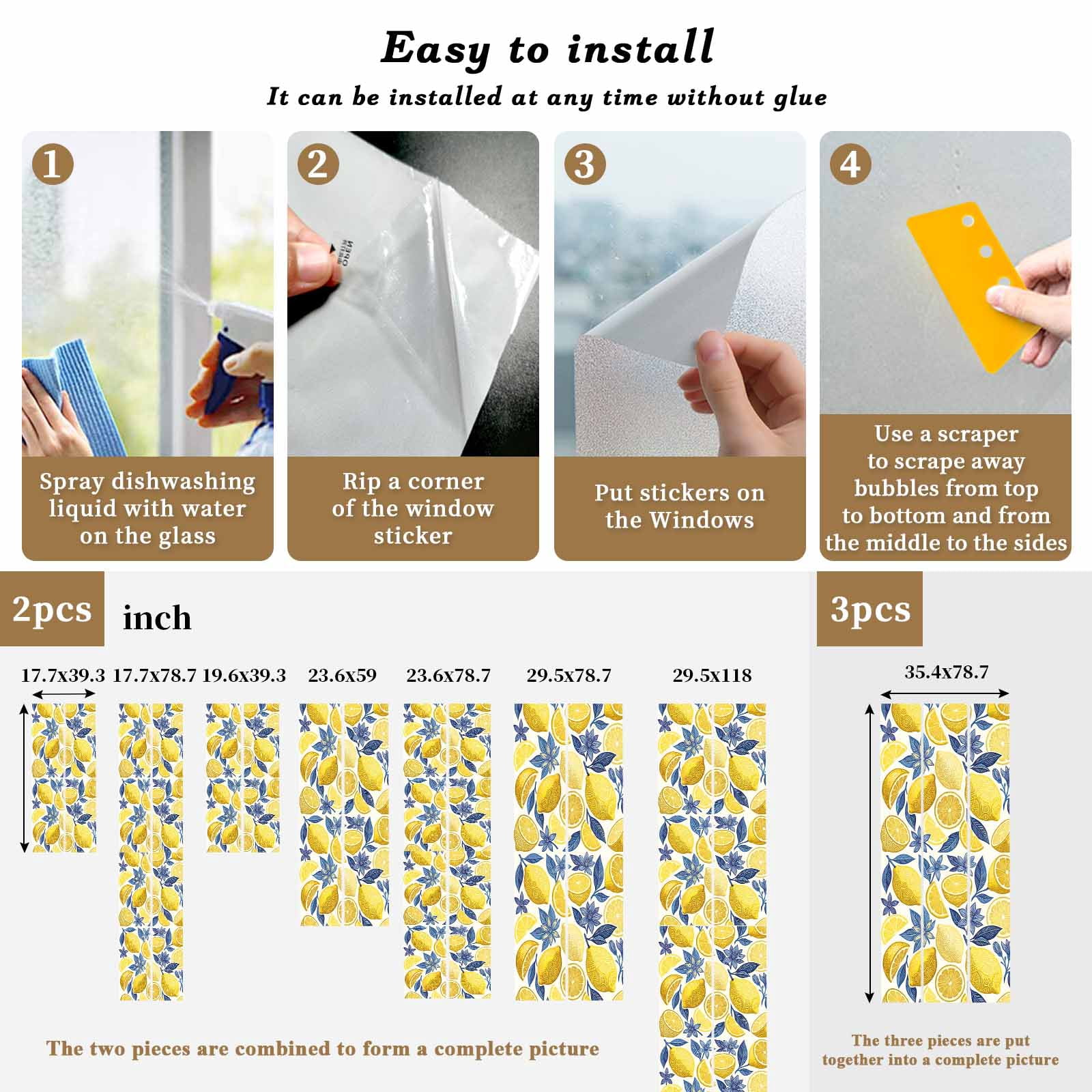 Summer Fruit Window Privacy Film, Watercolor Yellow Lemon Blue Flowers Rustic Frosted Glass Window Clings Static Cling UV Heat Blocking Reusable Door Sticker for Bathroom 29.5 x 118 Inch